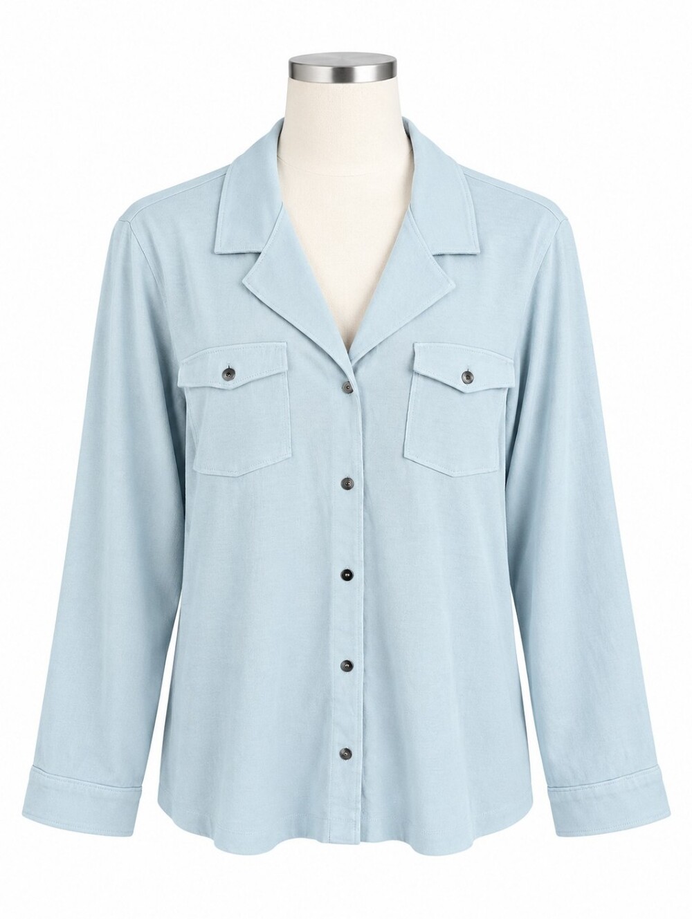 J. Jill Jersey Cotton Camp Shirt Top Women M L Light Blue Soft Pocket Button Up